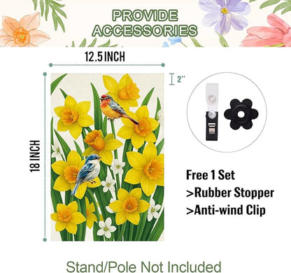 Baccessor Spring Summer Daffodils Garden Flag 12.5 x 18 Inch Double Sided Burlap Bluebirds Yellow Flower Green Leaf Farmhouse Small Yard Flag Summer Holiday Seasonal Outdoor Outside Decoration