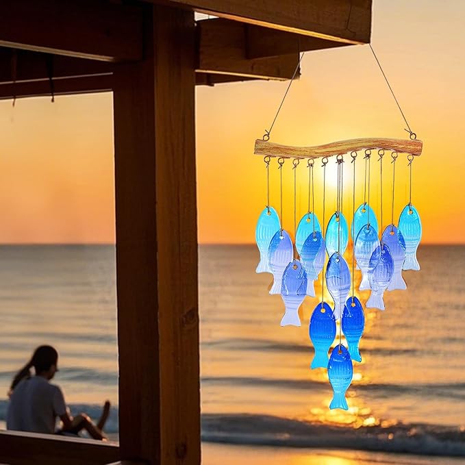 Glass Fish Wind Chimes for Outdoor Patio & Front Yard Decor, Small Unique Suncatcher Windchimes, Handcrafted Gifts for Women, Durable Outside Garden Christmas Decoration Gift
