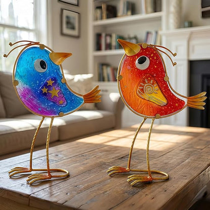 HONGLAND Garden Decor for Outside, Funny Metal & Glass Bird Decor Indoor Outdoor Set of 2, Yard Art Decorations with Housewarming Gift Idea, Colorful Garden Statues