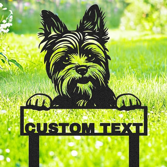 Custom Yorkshire Terrier Yard Sign with Stakes, Personalized Metal Garden Stake Lawn Sign with Dog Sculpture Animal Plaque, Customized Dog House Decor Garden Sign for Outdoor Lawn Backyard