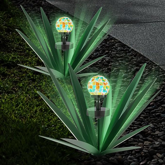 TOMBABY Enlarge Metal Plants Tequila Rustic Sculpture, Outdoor Patio Yard, Home Decor Hand Painted Agave Garden Statue, Outdoor Lawn Ornaments Yard Stakes for Mom Gift (2 Solar Green)
