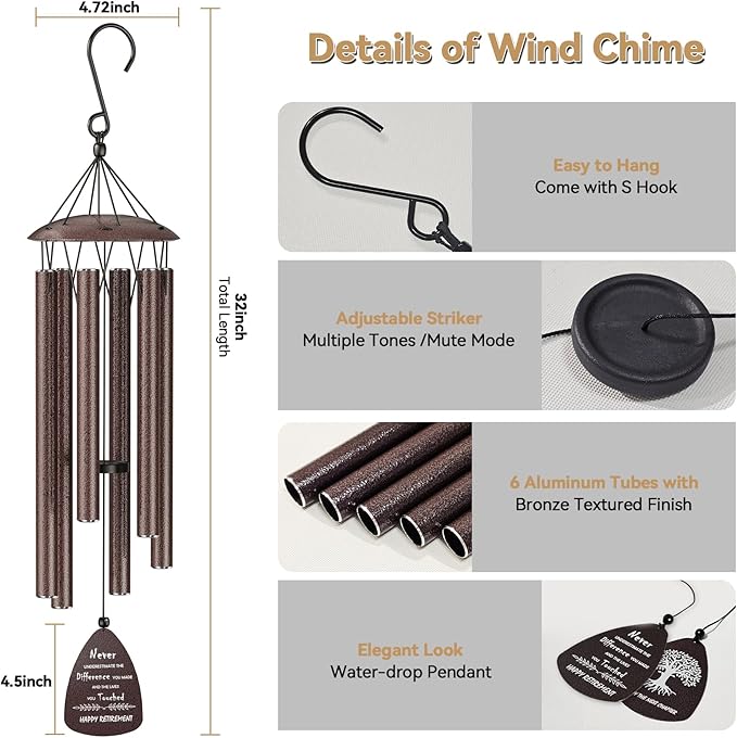 Retirement Wind Chimes for Women Men,Happy Retirement Gift for Woman Men Coworker Colleague Boss Teachers Nurses Friends,Going Away Gifts