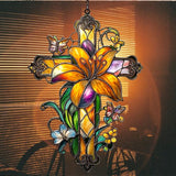 Floral Cross Acrylic Suncatcher Stained Glass Effect Window Car Hanging Christmas Ornament Indoor Outdoor Decor Garden Memorial Sun Catcher for Family Christmas Jesus Gift for Women Mom Grandma