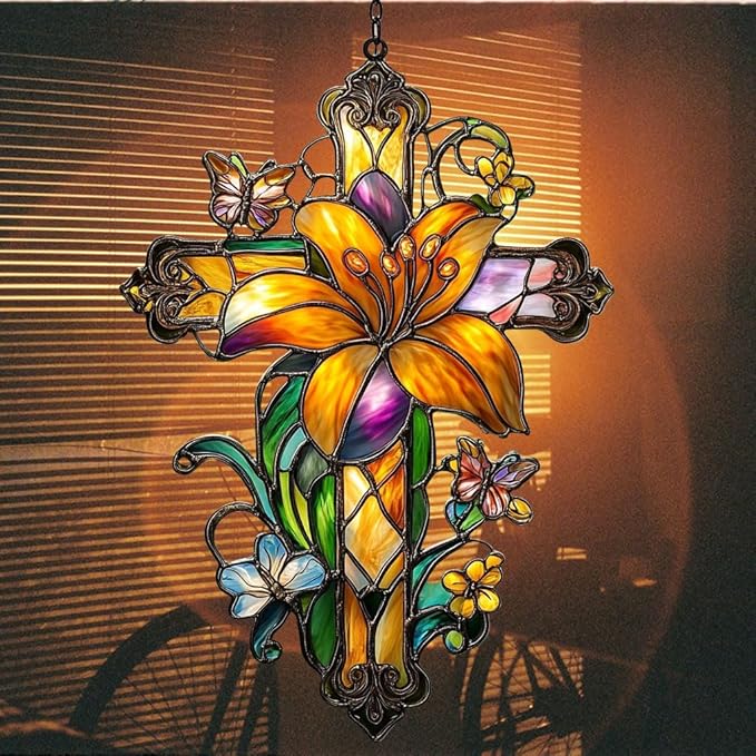 Floral Cross Acrylic Suncatcher Stained Glass Effect Window Car Hanging Christmas Ornament Indoor Outdoor Decor Garden Memorial Sun Catcher for Family Christmas Jesus Gift for Women Mom Grandma