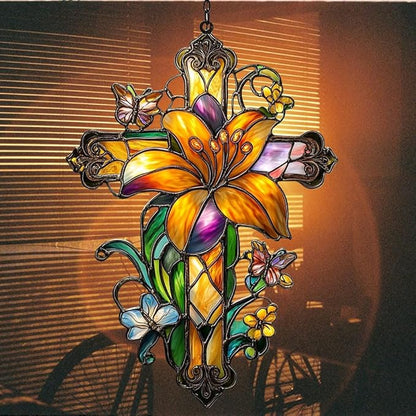 Floral Cross Acrylic Suncatcher Stained Glass Effect Window Car Hanging Christmas Ornament Indoor Outdoor Decor Garden Memorial Sun Catcher for Family Christmas Jesus Gift for Women Mom Grandma