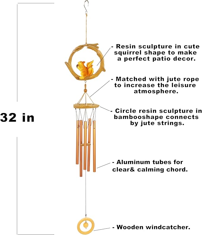 Squirrel Wind Chimes for Outside Resin Hanging Decor for Outdoor Patio Backyard Porch Home or Garden Decor. 32 Inch Bronze