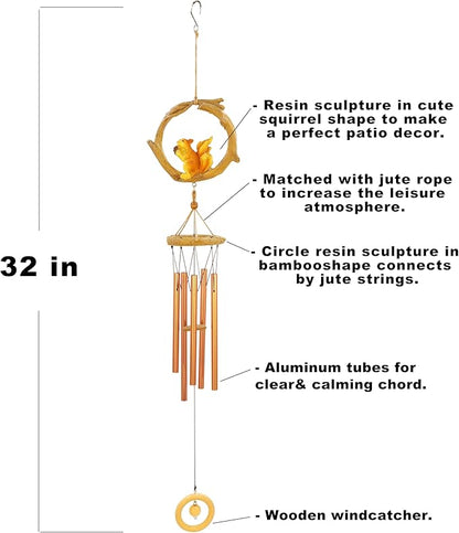 Squirrel Wind Chimes for Outside Resin Hanging Decor for Outdoor Patio Backyard Porch Home or Garden Decor. 32 Inch Bronze