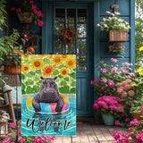 Sunflowers Garden Flag Swimming hippo Welcome Summer Garden Flags Vertical Double Sided Small Burlap Enjoy a Holiday Lawn Yard Outdoor Decorations