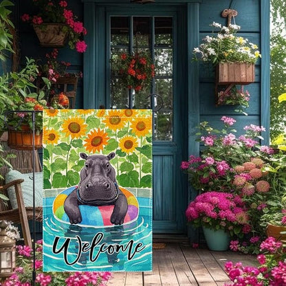 Sunflowers Garden Flag Swimming hippo Welcome Summer Garden Flags Vertical Double Sided Small Burlap Enjoy a Holiday Lawn Yard Outdoor Decorations