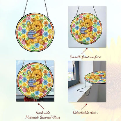 GENANY Honey Bear Glass Window Hanging, Spring Sun Catcher with Metal Chain and Hook, Romantic Gifts for Women Friends Family, Garden Decor, Housewarming Gifts, Outdoor Decor