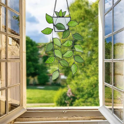 Stained Glass Leaf Hanging with Metal Chain, Green Window Decoration for Home, Gift for Mom, Father & Nature Lovers.