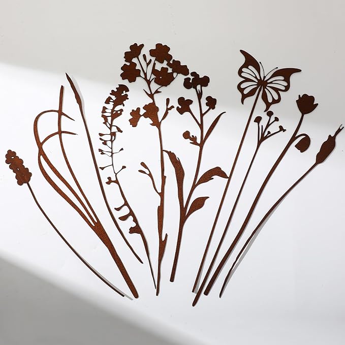 LEIFIDE 10 Pcs Metal Flowers Garden Stakes Rustic Bouquet Decoration for Pot Outdoor Metal Decor with Grass Flowers and Butterfly Iron Floral Plant Stakes for Yard Lawn Patio Porch Walkway