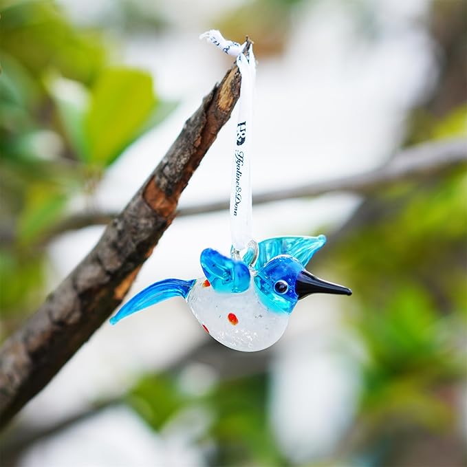 Blown Glass Ornament - Hummingbird,3'' Art Glass Blue Bird Animal Collectable Decorative Hanging Suncatcher for Christmas Tree Window Garden Ornaments