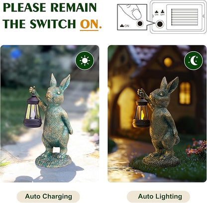 Rabbit Garden Statues with Solar Lantern Bunny Outdoor Resin Sculpture for Patio Yard Lawn Decorations Gifts for Mother’s Day Housewarming Easter
