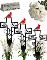 Metal Cemetery Memorial Plaque for Remembrance Cardinal Graveyard Decorations for Humans Red Bird Markers Cross Sign Garden Outdoor Stake Miss You Headstones Easter Sympathy Gifts Tombstones(3pcs)