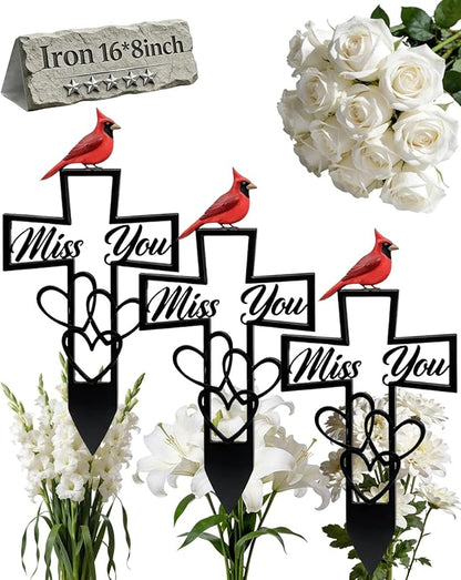Metal Cemetery Memorial Plaque for Remembrance Cardinal Graveyard Decorations for Humans Red Bird Markers Cross Sign Garden Outdoor Stake Miss You Headstones Easter Sympathy Gifts Tombstones(3pcs)