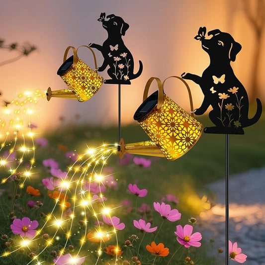 Solar Lights Outdoor Decorative, Watering Can with Cascading Lights, with Dog Silhouette Garden Stakes, Waterproof Metal Garden Decor Mom 2 Pack