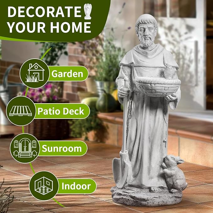BESBLEE St Francis 28.7Inch Tall Large Garden Outdoor Religious Statue and Sculptures for Home Decor Birdfeeder All Season Yard Patio Lawn Hallway Sculpture Magnesium Oxide Stone
