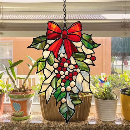 Mistletoe Acrylic Suncatcher Stained Glass Effect Window Car Hanging Christmas Ornament Indoor Outdoor Decor Garden Sun Catcher Panel for Christmas Lover for Women Mom Grandma