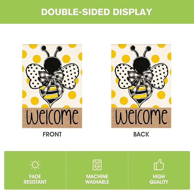 AVOIN colorlife Summer Polka Dot Bee Welcome House Flag 28x40 Inch Double Sided Outside, Seasonal Holiday Burlap Yard Outdoor Decoration