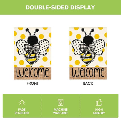 AVOIN colorlife Summer Polka Dot Bee Welcome House Flag 28x40 Inch Double Sided Outside, Seasonal Holiday Burlap Yard Outdoor Decoration