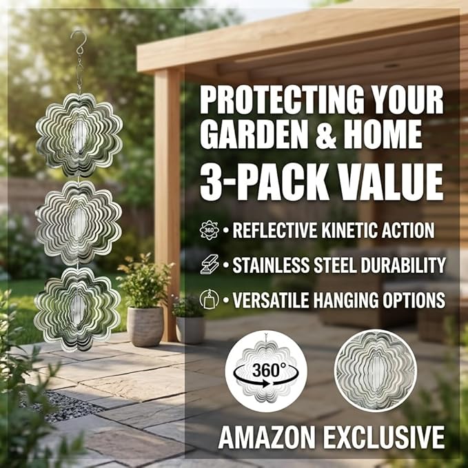 12PCS Stainless Steel Bird Deterrent Wind Spinners for Outside – Reflective Outdoor Bird Repellent Hanging Ornaments, Humane Pigeon Scarer for Yard Garden, Balcony, Patio, Roof & Window (12, Flower)