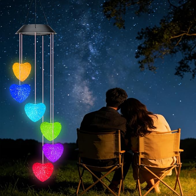 PACETAP Heart Solar Wind Chimes Outdoor Decorations, Valentine's Day Waterproof LED Color Changing Lights, Outside Yard Mobile Wind Chime Decor for Mom Grandma Women Wife Sister