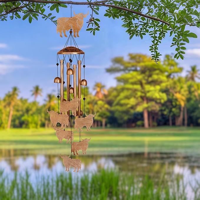GDNSFIT Highland Cow Wind Chimes for Outside, Metal Windchimes Outdoors, Highland Cow Gifts for Women/Men, Memorial/Birthday Gifts, Garden Decor for Outside, Patio or Yard, Durable Chimes for Outdoors