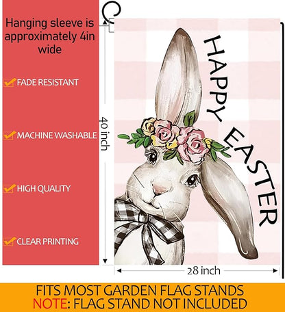 Happy Easter Bunny House Flag 28x40 Inch Double Sided, Easter Rabbit Large Garden Flags for Outside Decor, Spring Summer Holiday Yard Flag Outdoor Seasonal Decorations for Home