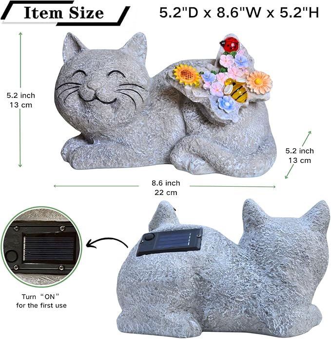 Solar Cat Garden Statue with LED Lights, Waterproof Resin Outdoor Cat Decor, Patio Lawn Yard Ornament, Unique Gifts for Women Mom