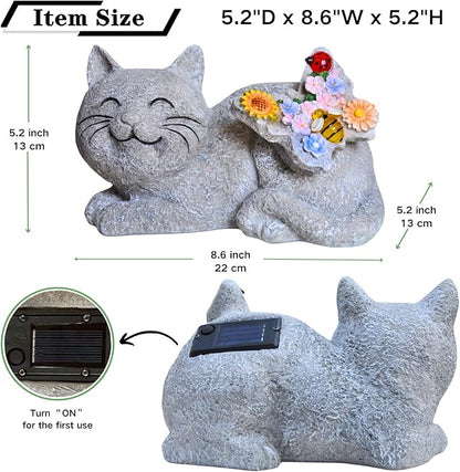Solar Cat Garden Statue with LED Lights, Waterproof Resin Outdoor Cat Decor, Patio Lawn Yard Ornament, Unique Gifts for Women Mom