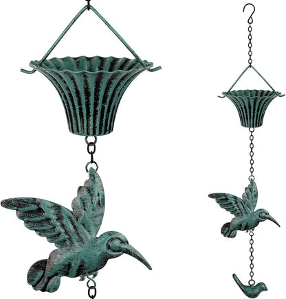 Rain Chain 8 FT,Wrought Iron Rain Chains for Gutters,Rain Chains for Outside with Hummingbird and Cup Rain Chains,Rainwater Catcher Chain, Outdoor Garden Decor(Antique Blue)