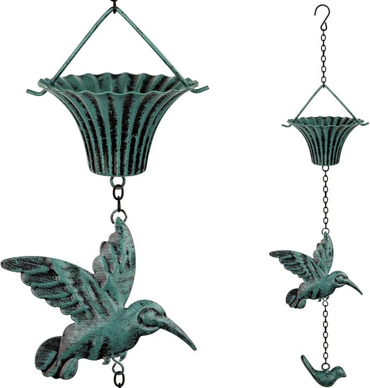 Rain Chain 8 FT,Wrought Iron Rain Chains for Gutters,Rain Chains for Outside with Hummingbird and Cup Rain Chains,Rainwater Catcher Chain, Outdoor Garden Decor(Antique Blue)