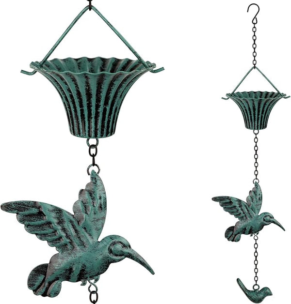 Rain Chain 8 FT,Wrought Iron Rain Chains for Gutters,Rain Chains for Outside with Hummingbird and Cup Rain Chains,Rainwater Catcher Chain, Outdoor Garden Decor(Antique Blue)