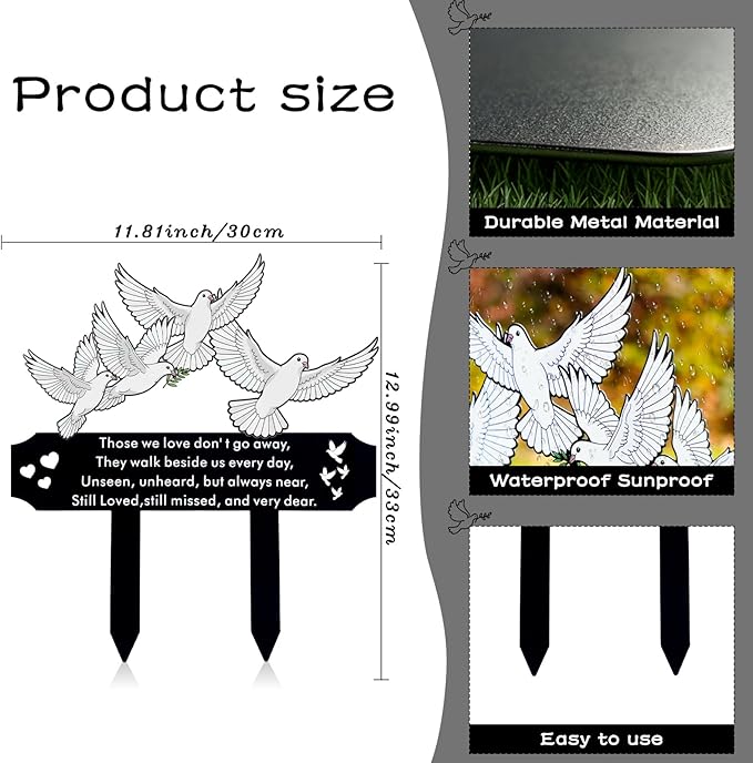 13 Inch White Doves Memorial Garden Stake - Metal Grave Decorations for Cemetery - Sturdy Thickened Peace Dove Plaque with Olive Branch, Sympathy Gift for Loss of Loved One(Dove)