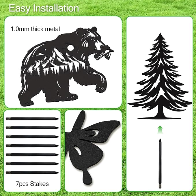 Bear Garden Stake Outdoor Yard Decor – Set of 4 Metal Black Lawn Ornament, Cute Bear Lover Gift for Women Men, Weather-Resistant Bear Silhouette Statues Yard Art for Patio