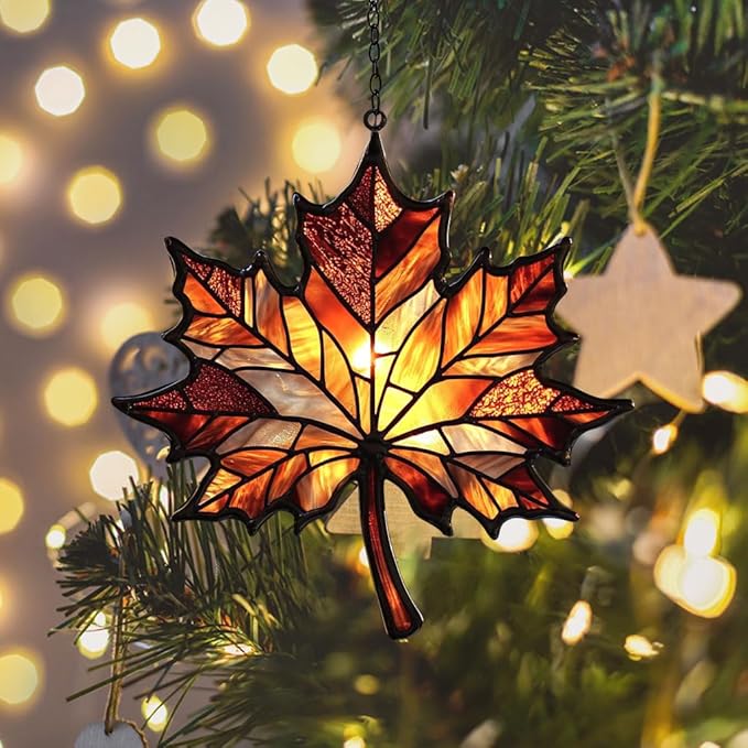 Autumn Maple Leaf Acrylic Suncatcher Stained Glass Effect Window Car Hanging Christmas Ornament Indoor Outdoor Decor Garden Sun Catcher Panel for Maple Leaf Lover for Women Mom Grandma