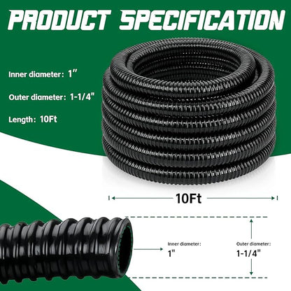 Pond Tubing 1” × 10 Feet Black Flexible PVC Pond Hose,Garden Pond PVC Tube - Reinforced, Kink-Resistant Tubing for Pumps, Fountains & Waterfalls, with 4 Clamps,1" Dia