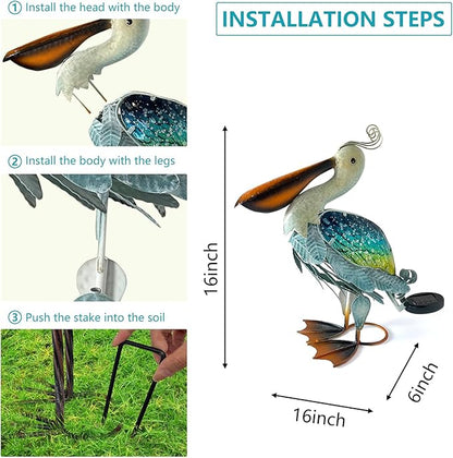 HONGLAND Solar Metal Pelican Statues Garden Sculpture & Statues, 17 Inch Glass Outdoor Pelican Yard Art Coastal Ocean Bird Decor Lawn Ornament for Backyard Porch Patio Decor（Blue-Green）