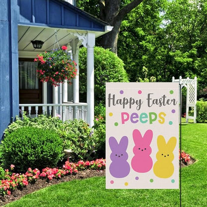 Welcome Easter Garden Flag 12x18 Inch Vertical Double Sided Happy Easter Peeps Small Burlap Flag Holiday Yard Home Outdoor Decoration