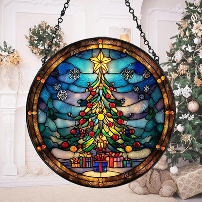 Christmas Tree Presents Star Acrylic Suncatcher Stained Glass Effect Window Car Hanging Christmas Ornament Indoor Outdoor Decor Garden Sun Catcher Panel for Women Mom Grandma
