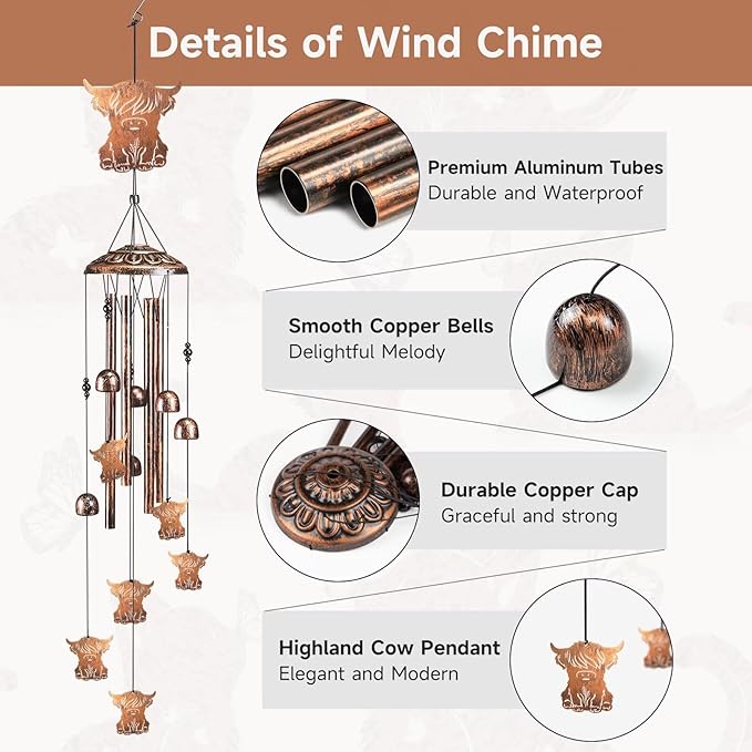 Highland Cow Wind Chimes for Outside,41" Metal Windchimes, Housewarming/Easter/Halloween/Festival/Birthday/Anniversary Highland Cow Gifts for Women/Men, Cow Decorations for Outside, Garden or Yard