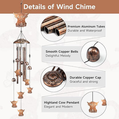 Highland Cow Wind Chimes for Outside,41" Metal Windchimes, Housewarming/Easter/Halloween/Festival/Birthday/Anniversary Highland Cow Gifts for Women/Men, Cow Decorations for Outside, Garden or Yard