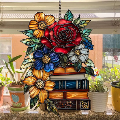 Floral Books Stack Acrylic Suncatcher Stained Glass Effect Window Car Hanging Christmas Ornament Indoor Outdoor Decor Garden Sun Catcher Panel for Book Lover for Women Mom Grandma