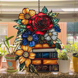 Floral Books Stack Acrylic Suncatcher Stained Glass Effect Window Car Hanging Christmas Ornament Indoor Outdoor Decor Garden Sun Catcher Panel for Book Lover for Women Mom Grandma