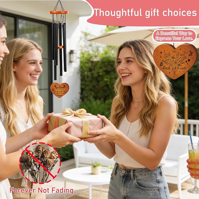 Sister Gifts Wind Chimes for Outside - Metal Windchime with Wooden Heart Pendant, Greeting Card & Black Gift Box - Birthday for Sister from Sister, Garden Patio Hanging Decor