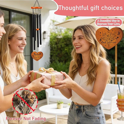 Sister Gifts Wind Chimes for Outside - Metal Windchime with Wooden Heart Pendant, Greeting Card & Black Gift Box - Birthday for Sister from Sister, Garden Patio Hanging Decor