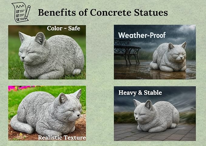 Garden Cat Statue Concrete Pet Memorial Gift Outdoor Sculpture Crouching Kitty Yard Figure Sympathy Gift for Pet Lovers Patio Ornament Cement Kitten Statuary