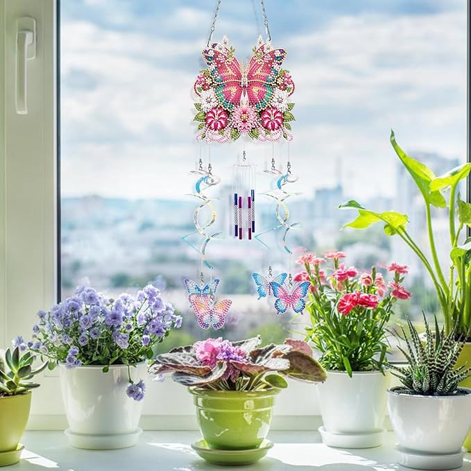 DIY Wind Chime Pendant Spring 3D Diamond Art Painting Hanging Ornament Double Sided Diamond Suncatchers for Window Home Backyard Garden Wall Door Decor-Butterfly02