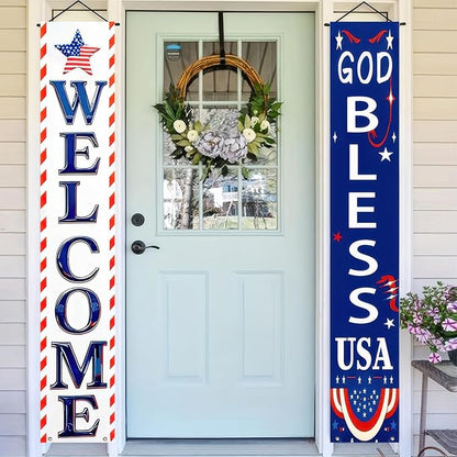 BlissYard 2Pcs Welcome Patriotic Door Banner 4th of July Decorations American Banners Hanging Porch Signs Decor for Independence Memorial Day Veterans Labor Day for Yard Indoor Outdoor Supplies